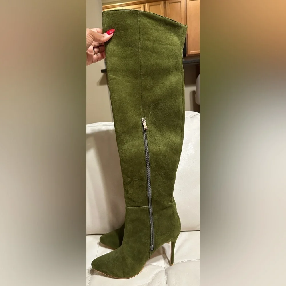 Green Suede Over-the-Knee Stiletto Boots – Size 9.5